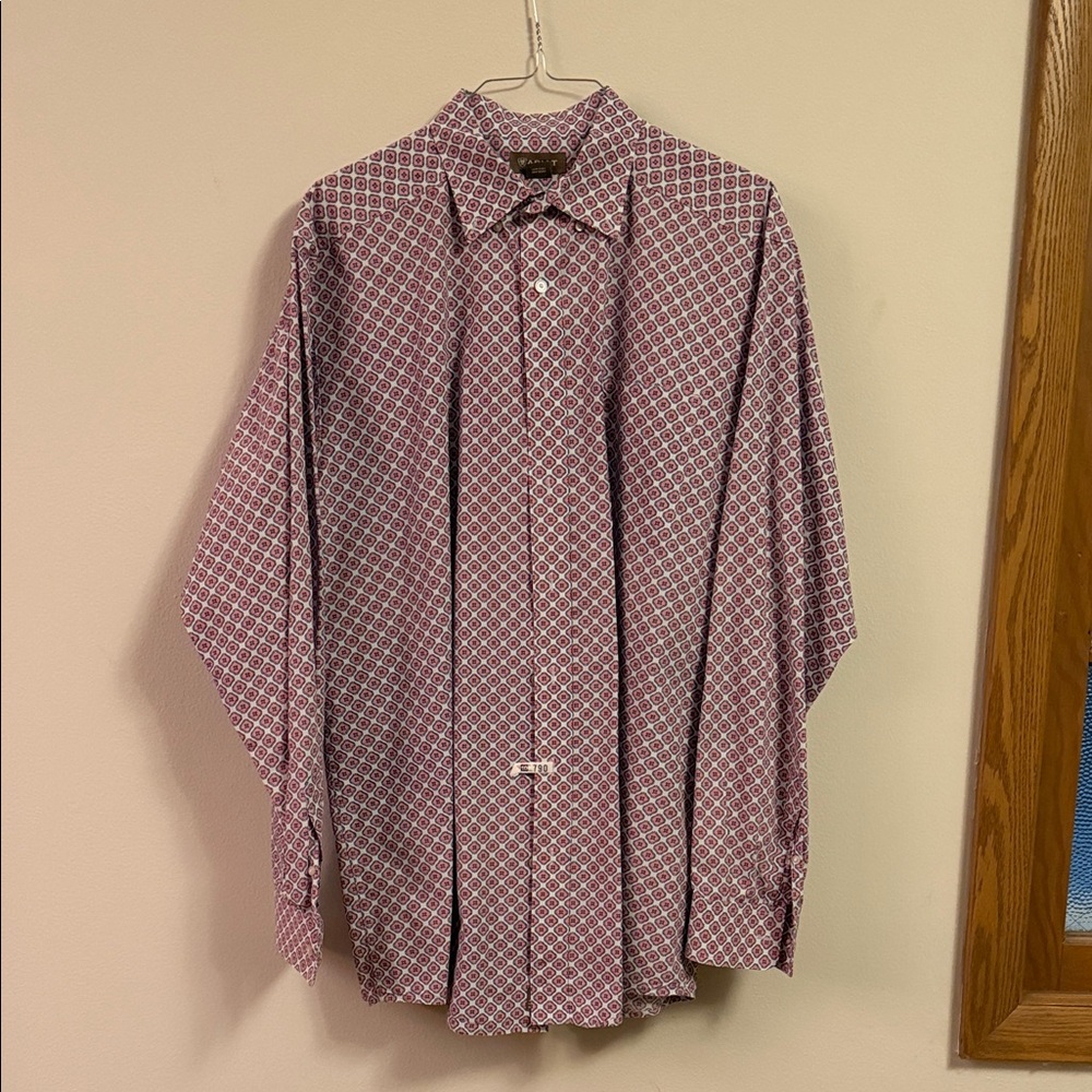 Ariat Men's Burgundy and White Patterned Button Down Shirt